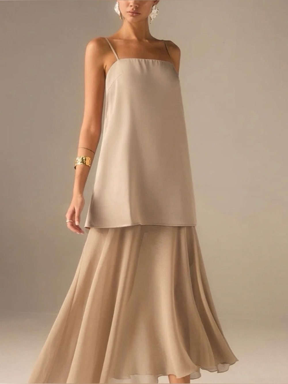 Commense Beige Layered High-Low Slip Skirt